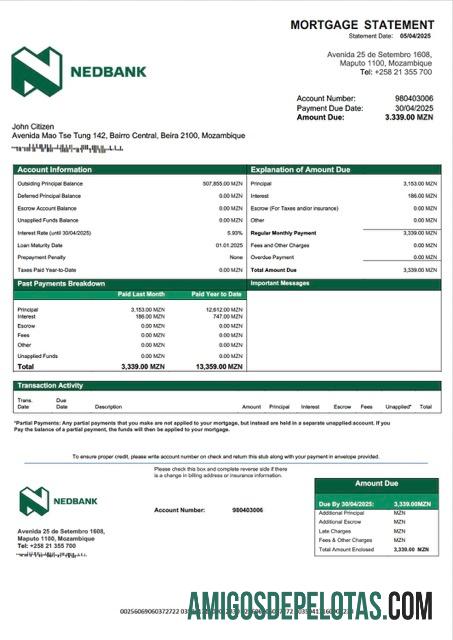 em branco Mozambique Nedbank Moçambique Mortgage Statement Word And PDF Template